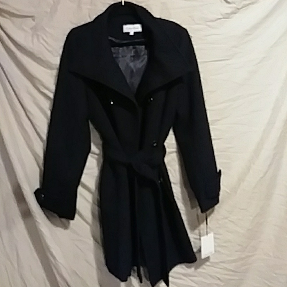 Calvin Klein black belted coat